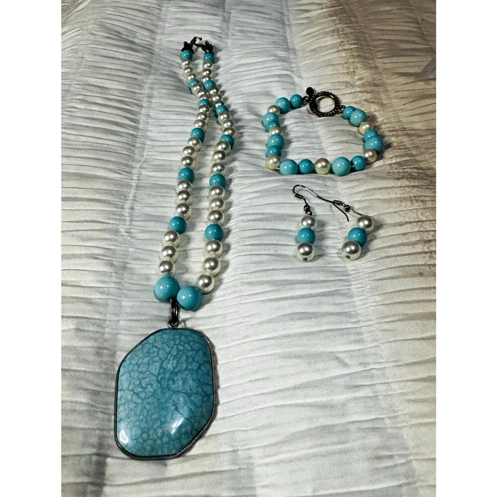 Turquoise & Pearl Necklace, Bracelet, and Earrings Jewelry Set, Handmade